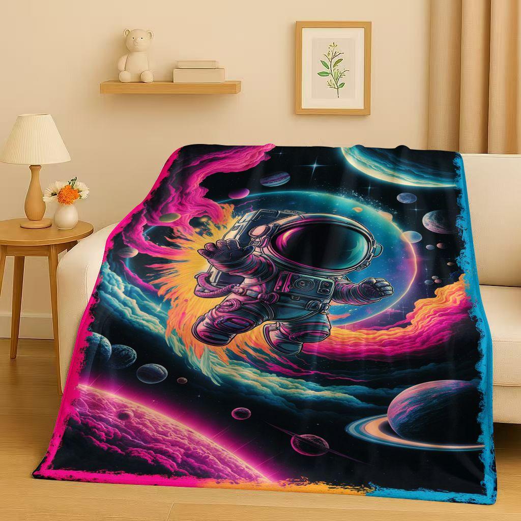 New Cartoon Astronaut Spaceman Planet Flannel Blanket,Ultra Soft Plush Throw for Home Bedroom Bed Sofa Cover Kid Christmas Gift