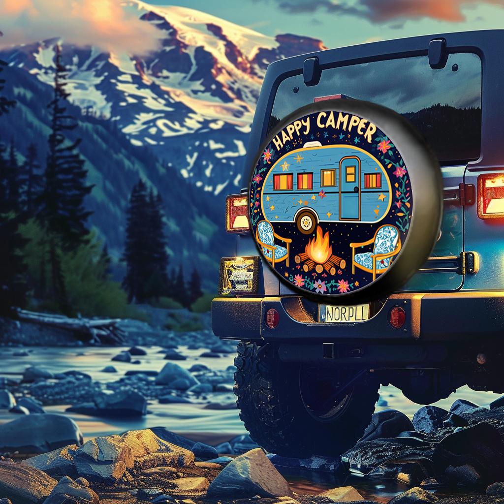Vintage Camper Van Tire Cover With Happy Camper Design - Retro Camper Trailer & Campfire Graphic, Durable All-Weather Protection