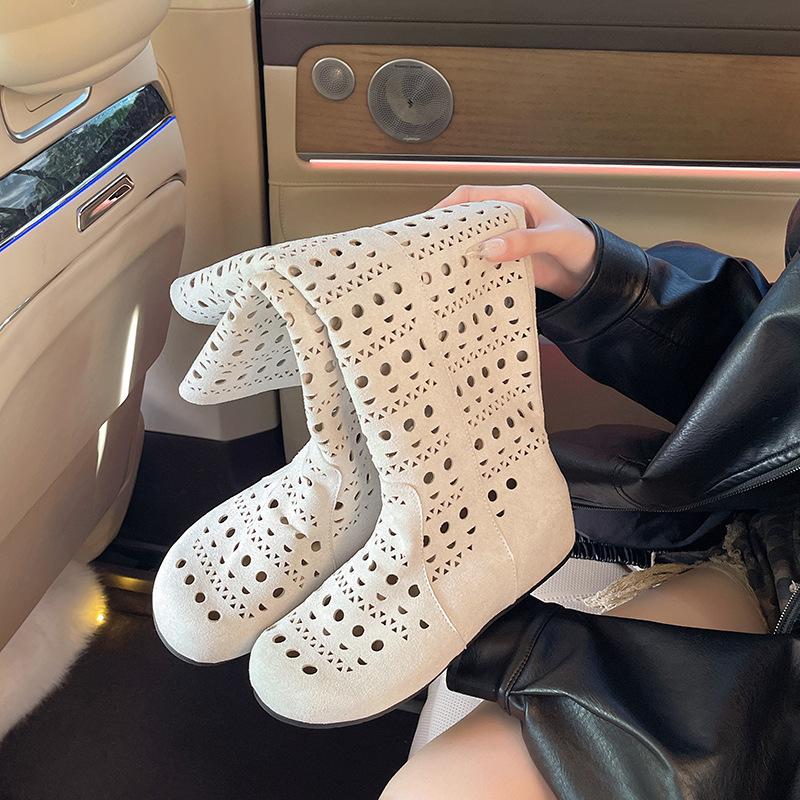 Французские сапоги-трубы женские 2025 новый летний универсальный увеличивающий рост модные сапоги до колена сапоги-рыцари