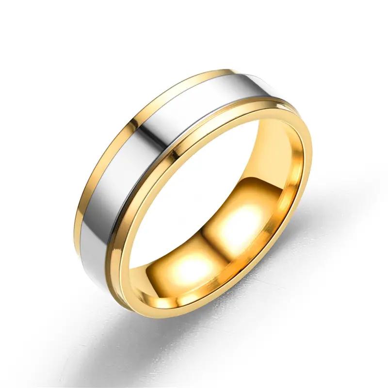 1pc Fashion New High-end Double Step Mirrored Intermediate Golden Stainless Steel Ring For Couples