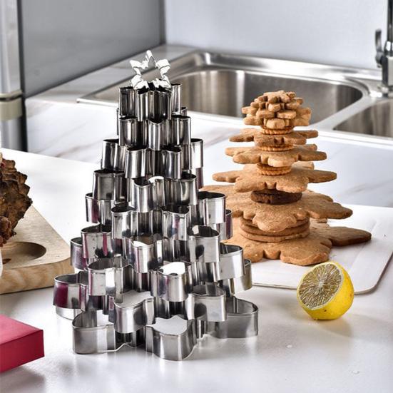 Набор из 10 штук рождественских формочек для печенья в виде снежинок, нержавеющая сталь, 3D форма елки, антипригарные инструменты для выпечки для праздника