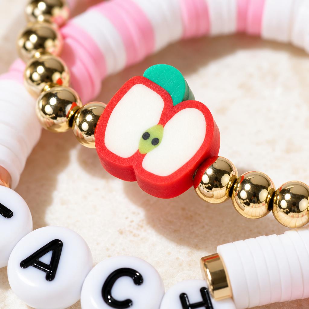 Go2boho Beaded Bracelet Set with Teach Inspire Letter Beads, Apple Charm, 18K Gold Plated Brass, Cute Gift Jewelry