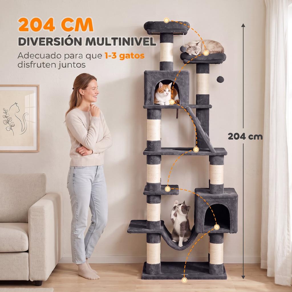 Cat Scratching Tree 204 Cm Multi Level With 2 Caves Hammock 2 Beds Sisal Posts Ladder 2 Balls Dark Gray