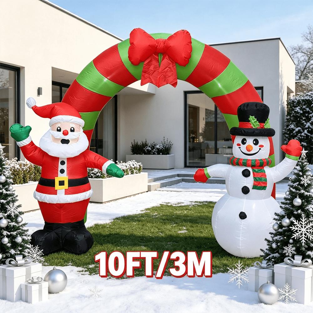 10FT Christmas Inflatable Candy Arch with Santa & Snowman, LED Blow Up Archway, Outdoor Lawn Yard Decoration for Christmas Holiday Party