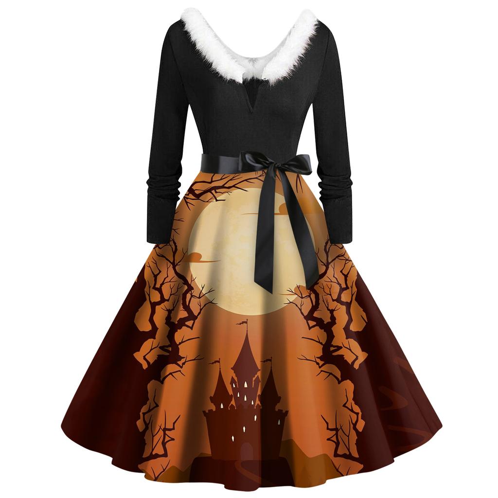 Женские повседневные модные платья с длинными рукавами и v-образным вырезом с принтом на Хэллоуин