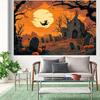 1 Terrifying Halloween Graveyard Scene Background Cloth - Wizard Riding Broom  Moonlight Graveyard  Carrying Pumpkin and Skull