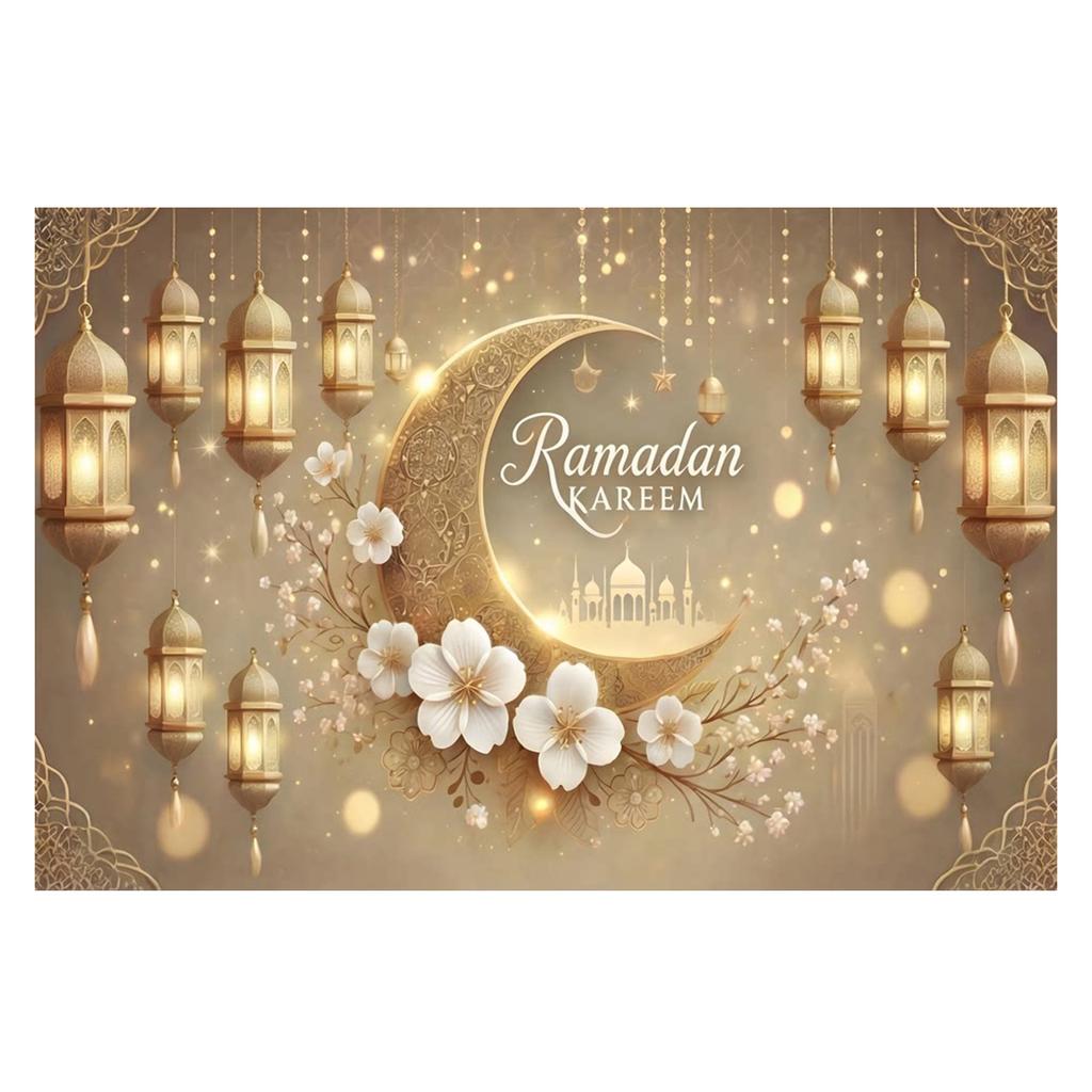 Eid Al-Fitr Themed With Crescent Moon Mosque Pattern. Suitable For Ramadan Festival Parties And Decorations. High-definition Printed, Washable