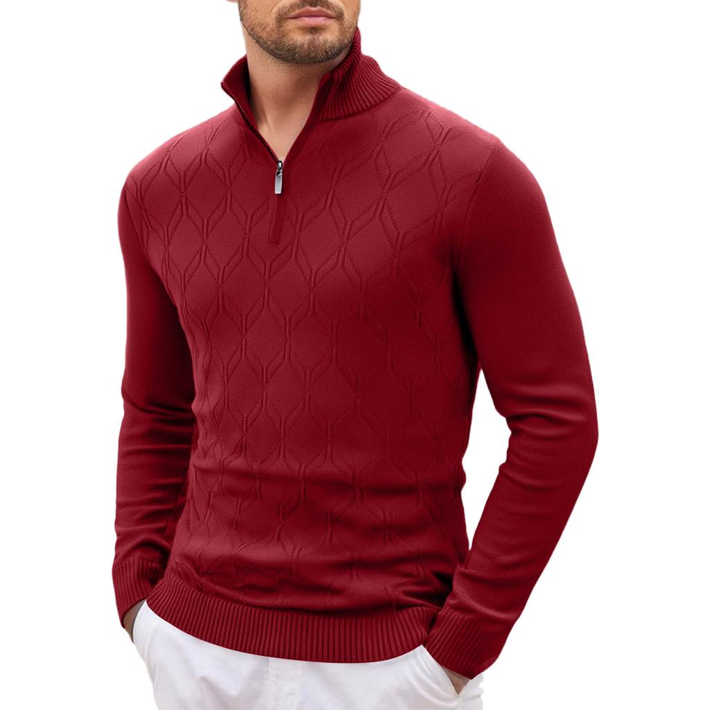 Men  Long Sleeves  Standing Collar  Half Zipper  Knitted Sweater