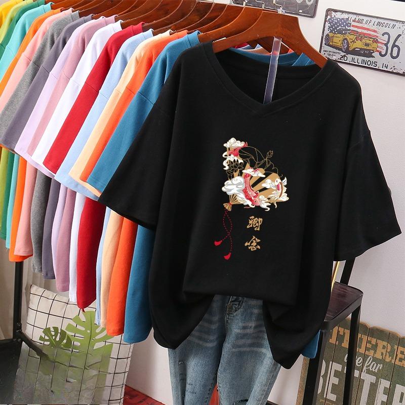 Футболка с коротким рукавом, Свободного кроя, Приталенный топ с V-образным вырезом с принтом для женщин