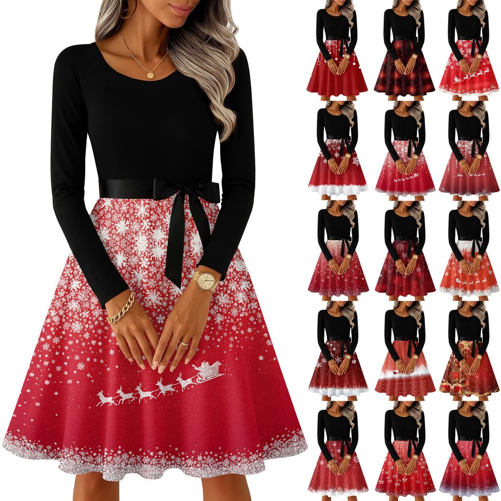 Women's Casual Fashion Long Sleeve Christmas Graphic Printed Vintage Long Dresses