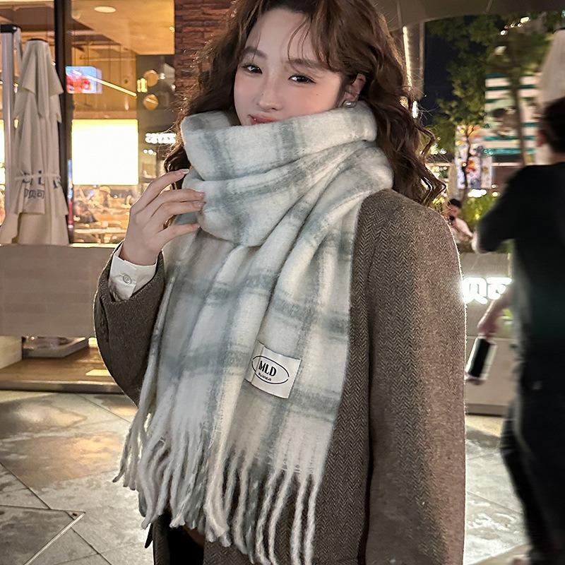 Women's Wool Plaid Scarf Winter Thickened Versatile Shawl Plush Scarf