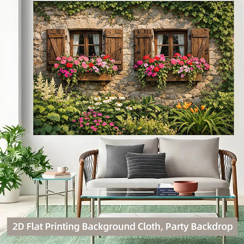 1 piece, 2D flat polyester background fabric with beautiful flowers blooming on a window, for indoor and outdoor decoration, wsj