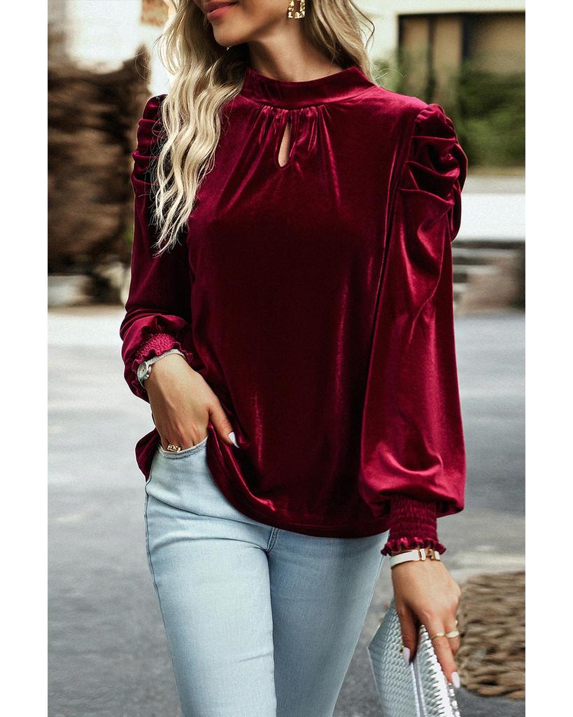 Azura Exchange Red Mock Neck Puff Sleeve Velvet Blouse
