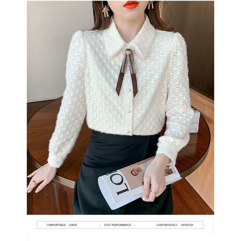 Женская рубашка с бантом, модный топ в иностранном стиле, французское кружево, бархатная базовая рубашка, весна и осень, нижнее белье