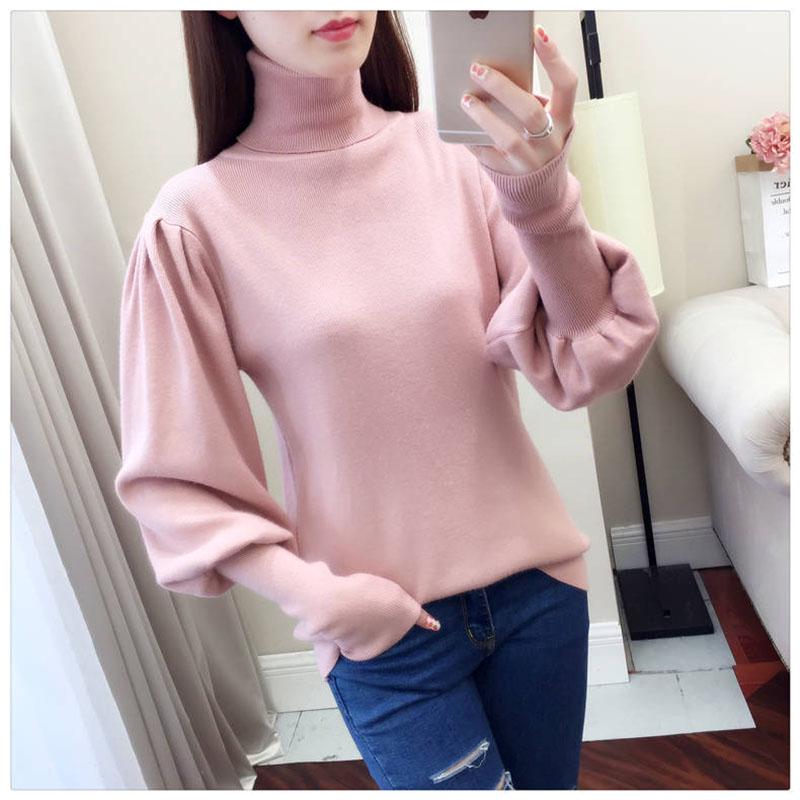 Женский пуловер с высоким воротником, свитер, теплый зимний свободный вязаный джемпер с рукавами-фонариками больших размеров
