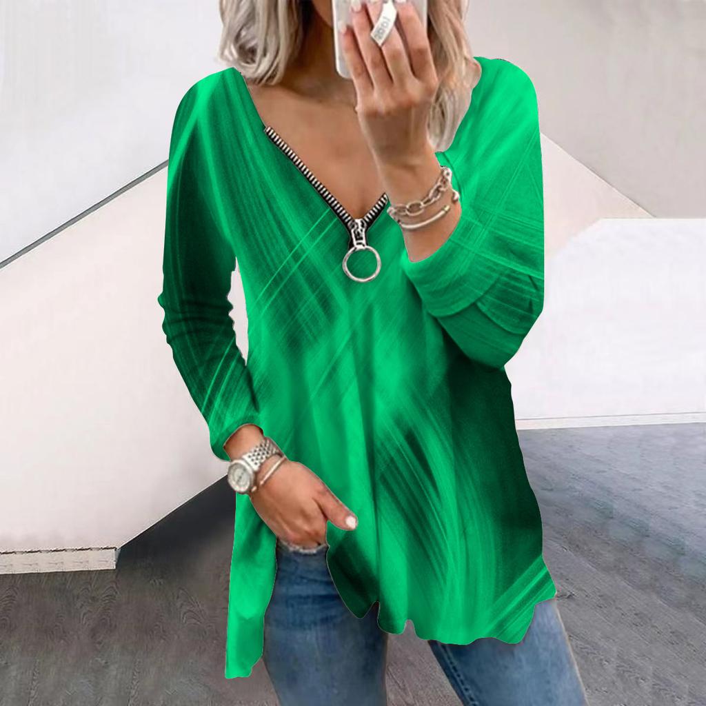 Women Autumn Colorful Intersecting Lines Printed Long Sleeve T-Shirts Loose V-Neck Plus Size Tee Shirt Tops Comfy Blouse
