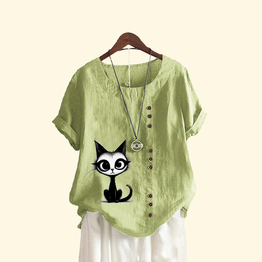 Женская свободная льняная блузка-пуловер, женская повседневная футболка с круглым вырезом и принтом кота, летняя модная футболка с коротким рукавом