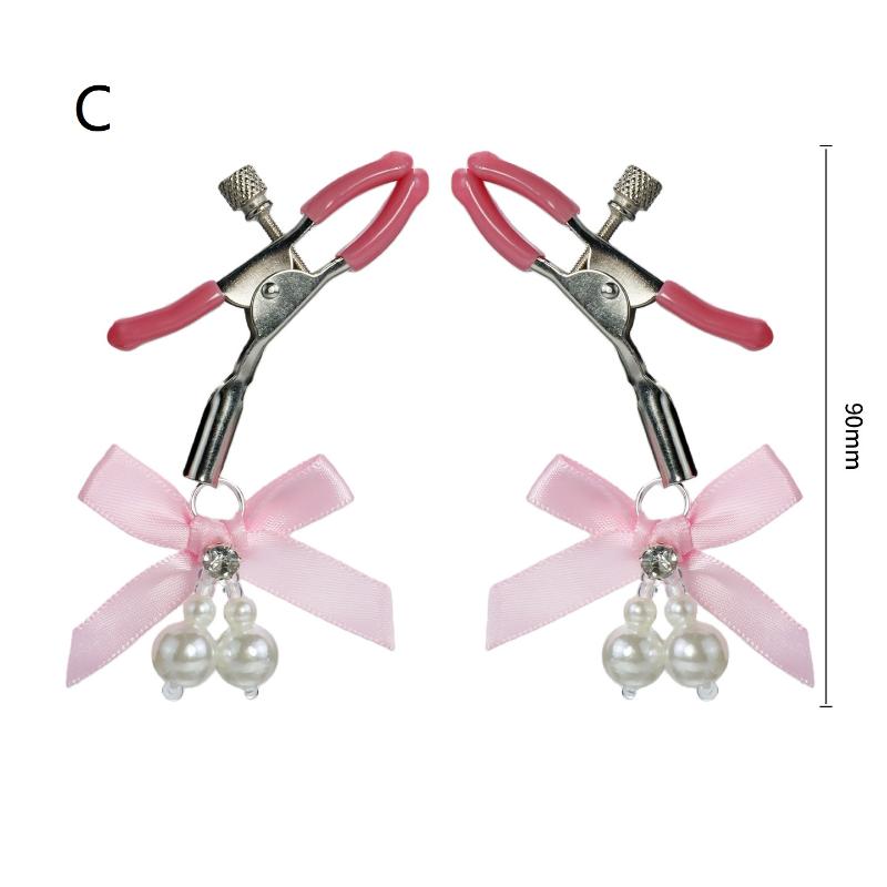 Pink Adjustable Metal Nipple Clamps with Soft Non-Slip Pads Bow Pearl Rhinestone Decor for Couples Intimate Bedroom Play