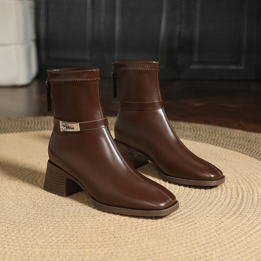 Короткие сапоги на высоком каблуке женские новые осенне-зимние сапоги 2024 года на толстом каблуке женские тонкие модные сапоги средней высоты коричневые французские короткие сапоги