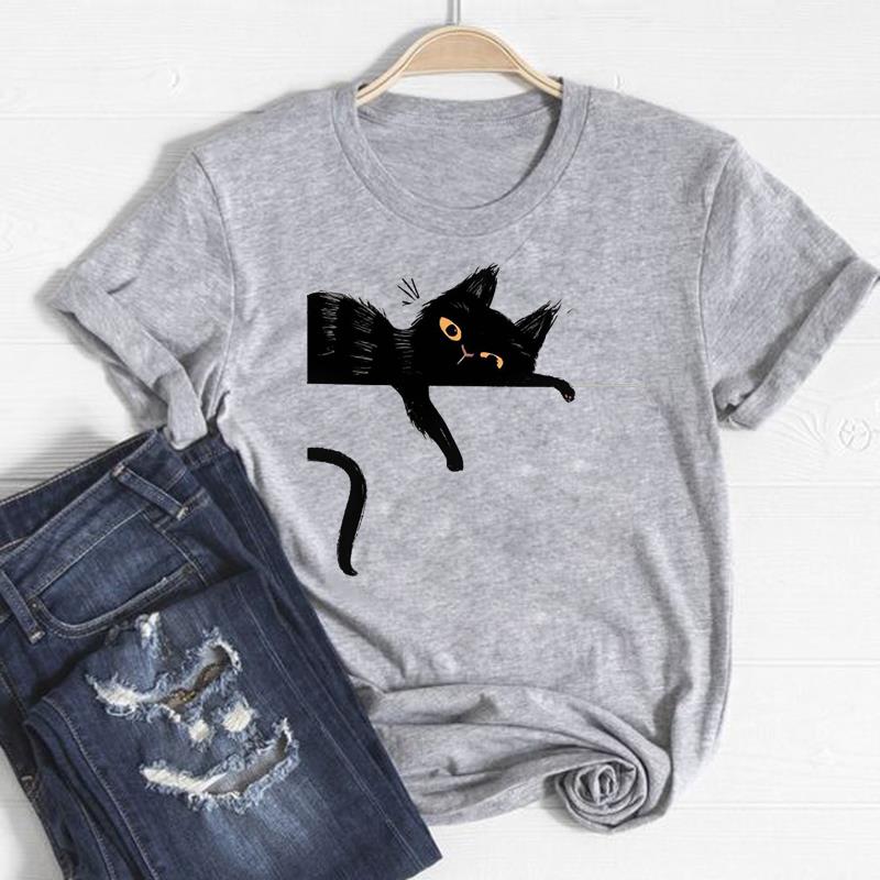 Футболка, модная футболка с котом, домашним животным, милый стиль, милая одежда 90-х годов, повседневная женская футболка с коротким рукавом и принтом, женская женская футболка с графикой