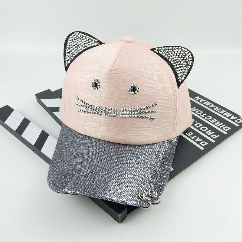 New summer women's bright diamond baseball cap cute face cap iron ring trendy cat ears fashion sun hat