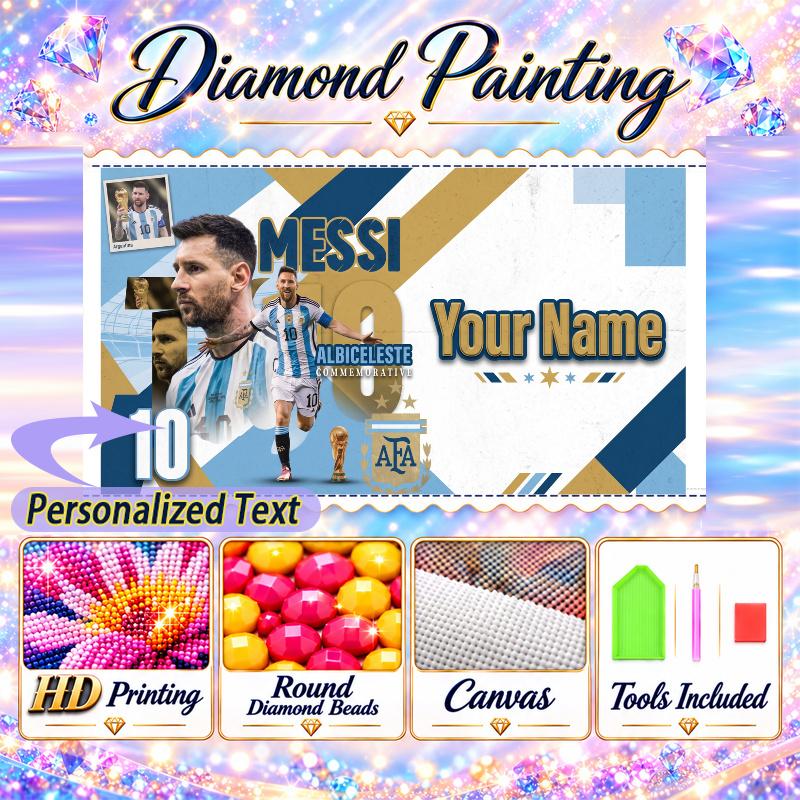 Lionel Messi 5D DIY Diamond Painting Custom Name Text, Full Drill Rhinestone Mosaic Art Home Gift