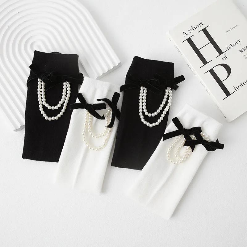 Элегантные гольфы для девочек-принцесс, простые, черного, белого цвета, с перламутровым бантом, детские носки для теленка, мягкие, хлопковые, школьные, ворсистые носки