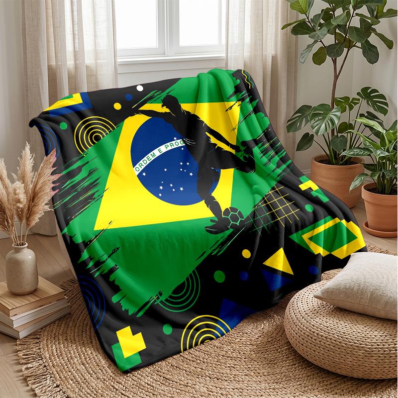Brazil Football Printed Flannel Blanket Skin Friendly Warm Decorative Throw for Indoor Couch Bed Daily Use