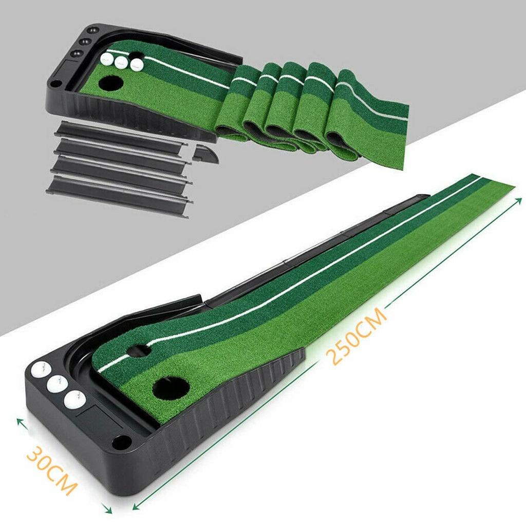 Коврик для гольфа для паттинга Тренажер для паттера для гольфа Зеленый ковер для паттера Набор для практики Возврат мяча Мини-гольф Паттинг Фервей 250 x 30 см
