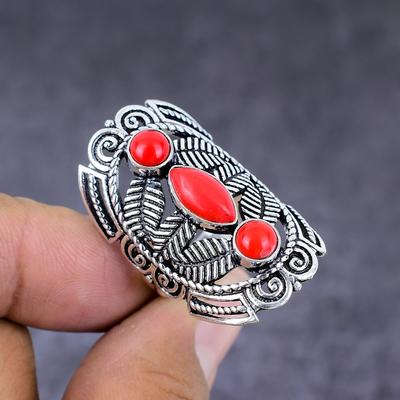 Кольцо из серебра 925 пробы с итальянским красным кораллом и драгоценным камнем S.10 f7H03