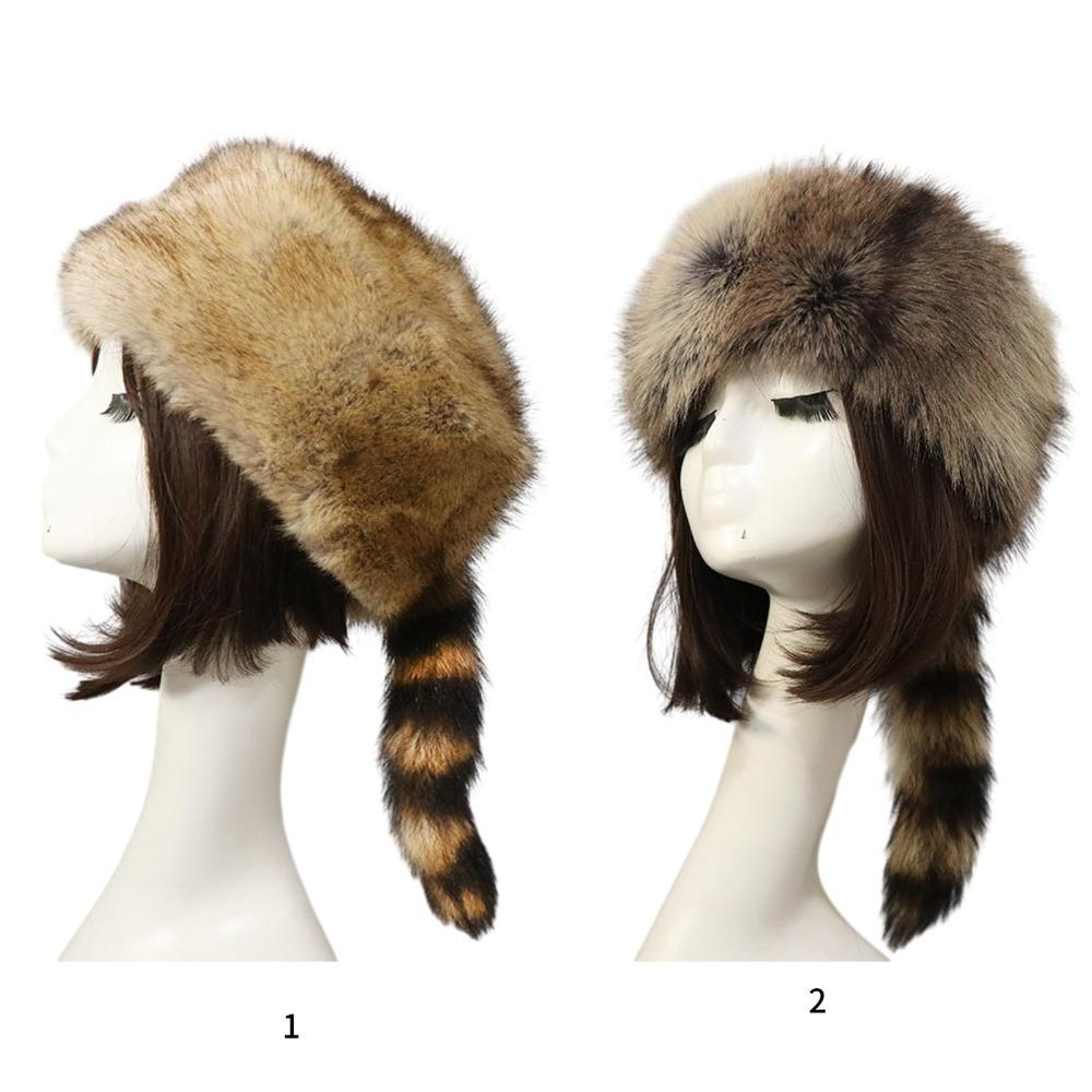 Faux Coonskin Cap with Tail Plush Flat Top Hat Cute Mongolian Hat with Raccoon Tail for Men Woman Teens Winter Keep Warm Hat