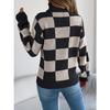 GMXIA Autumn and Winter Casual High-neck Contrasting Color Checkered Lantern Long-sleeved Sweater Women's Wear