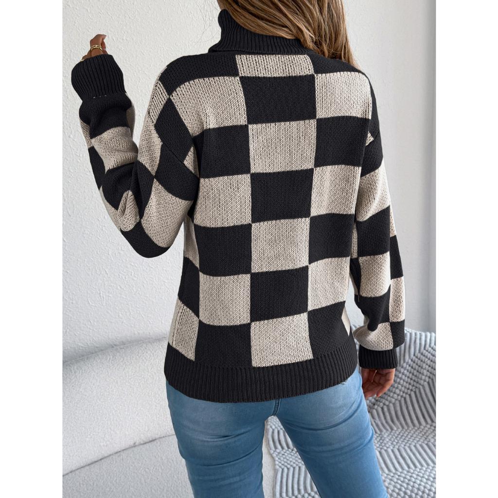GMXIA Autumn and Winter Casual High-neck Contrasting Color Checkered Lantern Long-sleeved Sweater Women's Wear