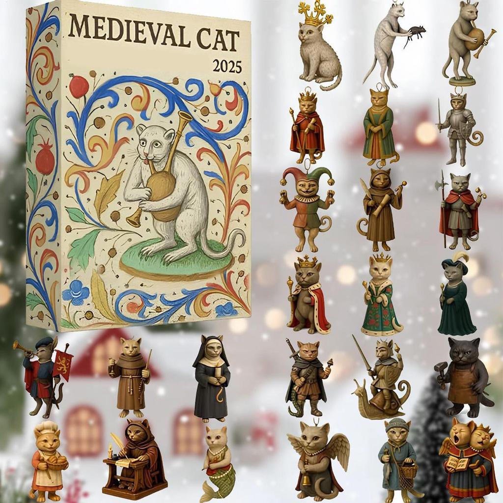 Medieval Cat Advent Calendar 2025,24 Day Christmas Countdown Calendar,Cat Christmas Tree Decoration Advent Calendars with 24 Different Kitten Designs,