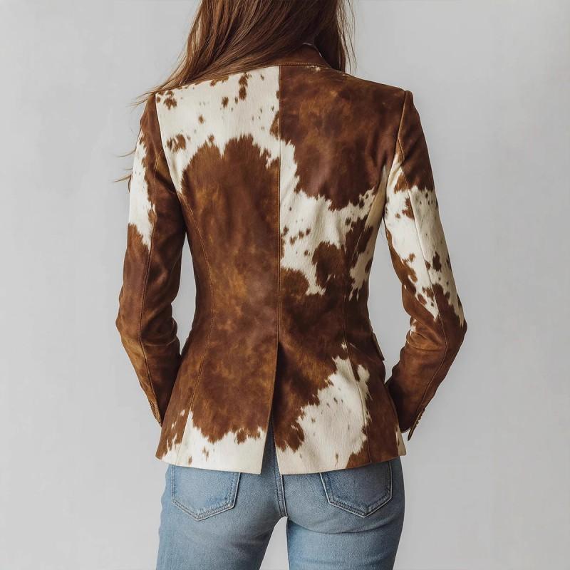 Womens Faux Suede Printed Blazer Long Sleeve Single Breasted Casual Jacket Light Brown