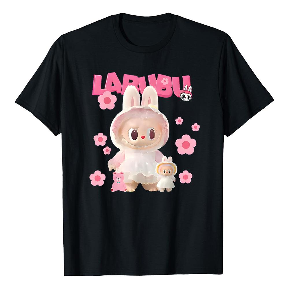 Женская футболка Labubu Милый Принт Модный Топ Круглый Вырез Свободный Спортивный Повседневный Короткий Рукав