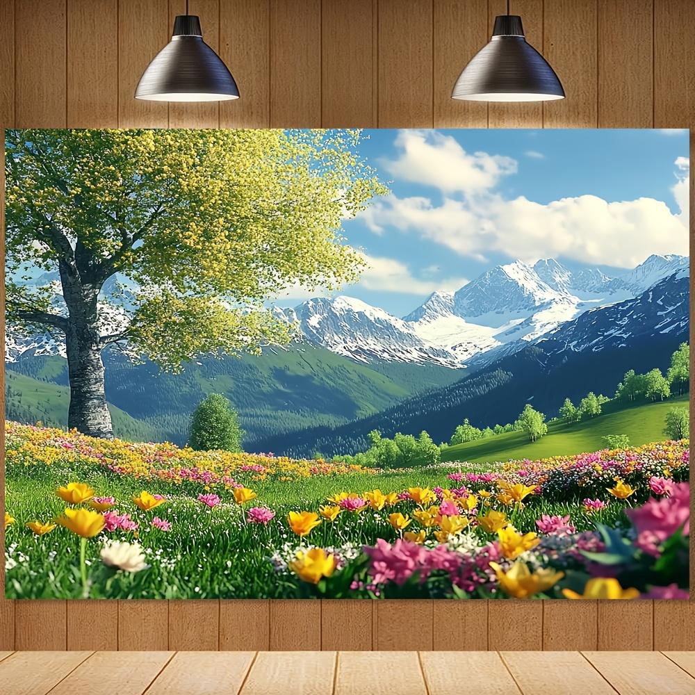 2D plane, 1 vibrant spring landscape and sweet flowers. Suitable for photo studios and portrait photography.