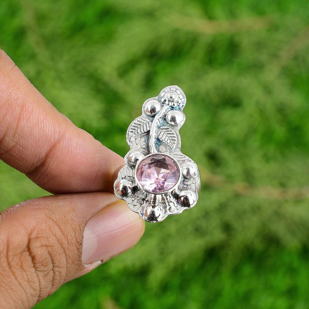 Natural Pink Topaz Gemstone Statement Flower Adjustable Ring 925 Sterling Silver