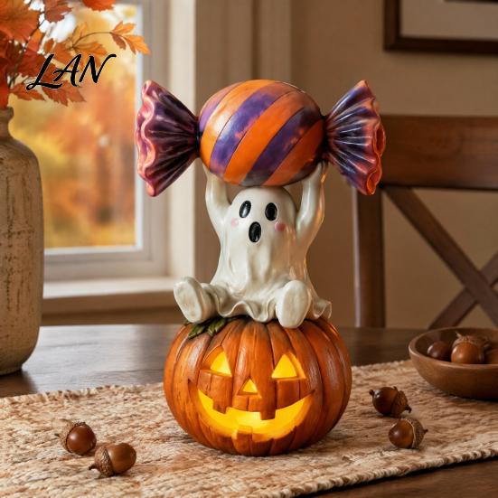 Whimsical Ghost Statue Halloween Figurine, Cute Sitting on Pumpkin Holding Candy Souvenir Gift Statue, Spooky Resin Table Ornament for Indoor