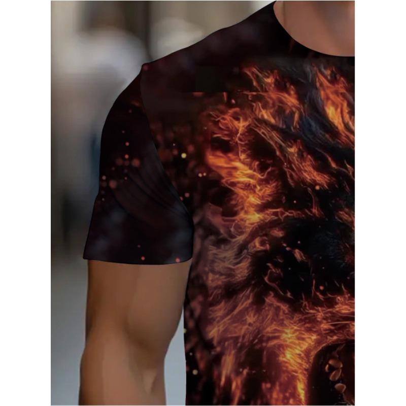 Men's Flame Lion 3D Printed T-Shirt Casual Short Sleeve Crewneck Top Cool Red Fire Animal King Graphic Tee Hip Hop Style Streetwear Fashion Apparel