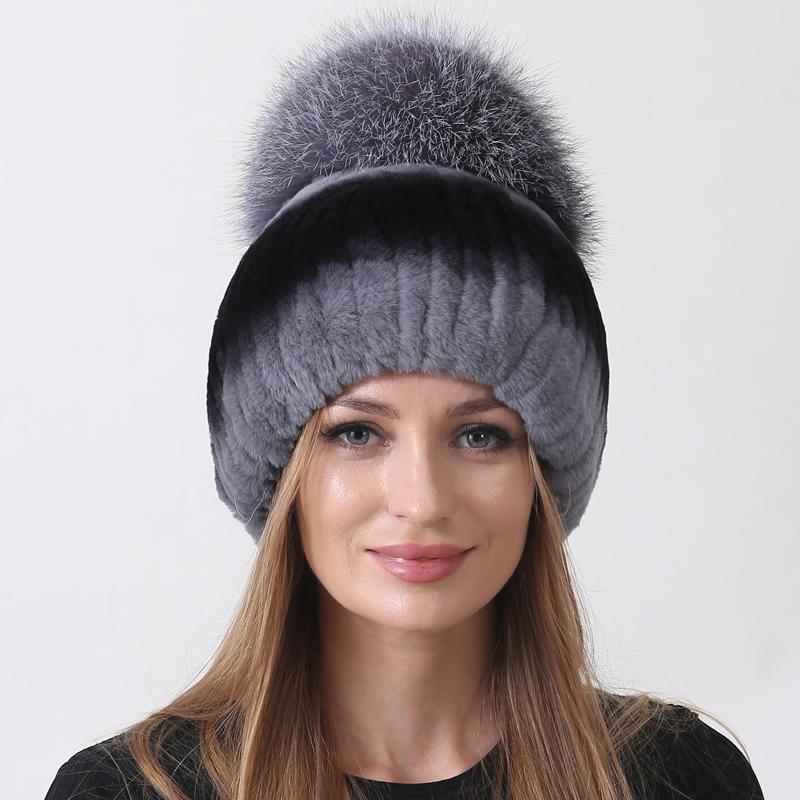 Зимняя теплая меховая шапка с помпоном, шариковая шапка из натурального меха кролика рекс, лисы, пушистая женская шапка