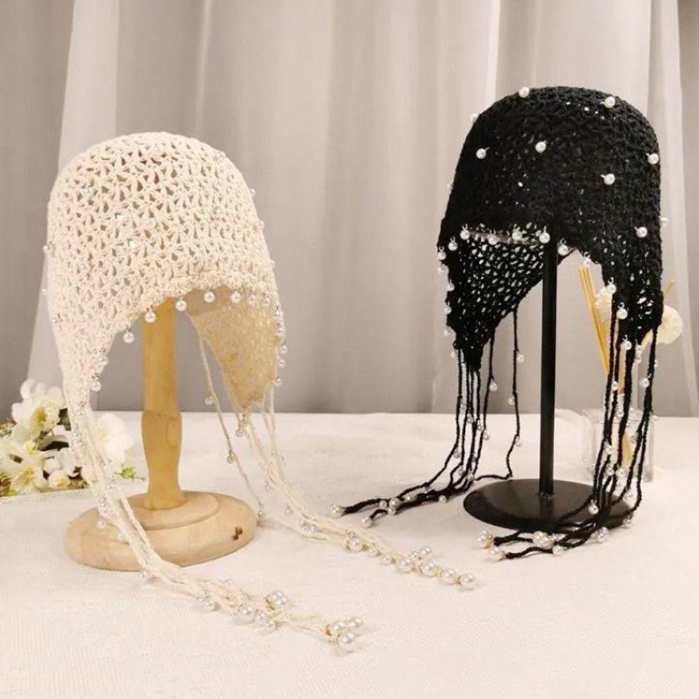 Ethnic Bun Hats Pearl Headscarf Hats Sweet Tassels Hats Travel