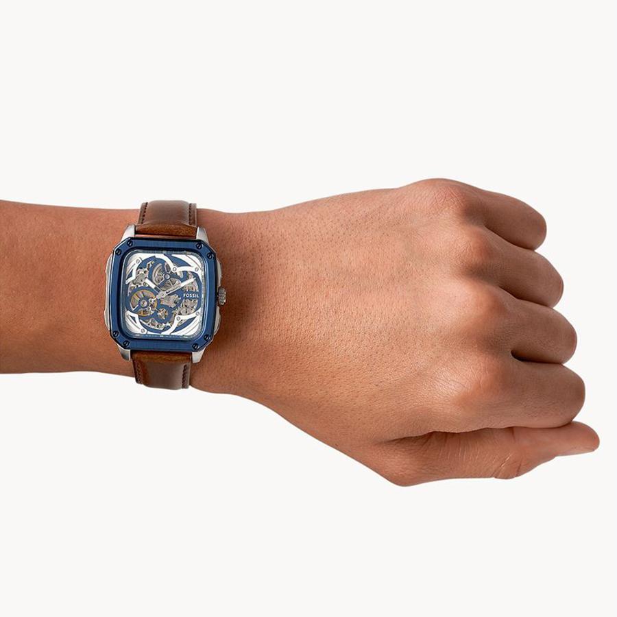Fossil Часы-скелетоны Automatic с синим циферблатом и коричневым кожаным ремешком для мужчин - BQ2571