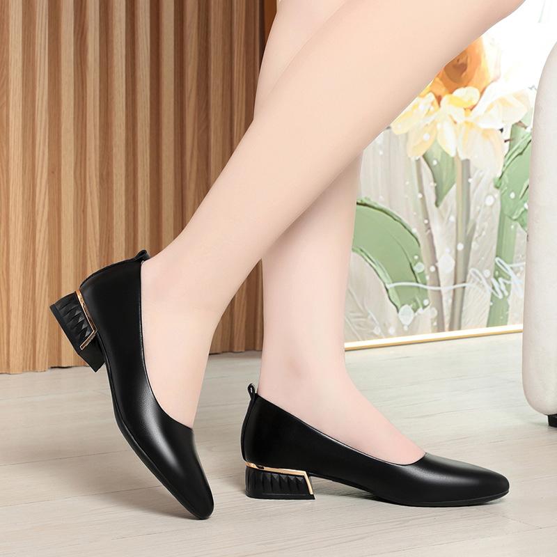 Soft Leather Rough Heel Single Shoes Women's Summer New Pointed Low Heel Women's Shoes White Work Shoes Women's Leather Shoes
