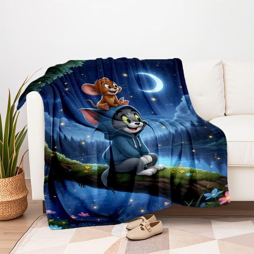 "Tom & Jerry Night Adventure Hoodie"Blanket Flannel Throw Blanket for Sofa, Bed, Travel, Camping, Office