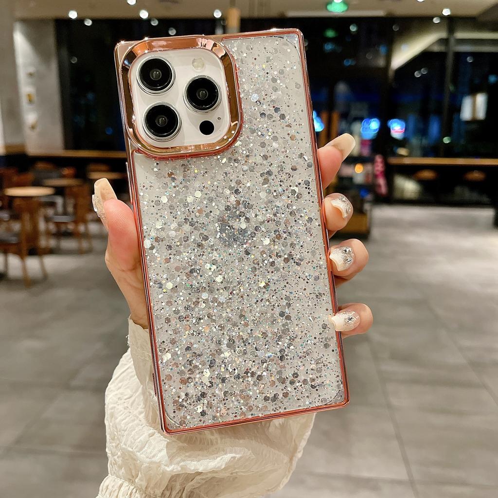 Электроplated квадратный блестящий чехол для iPhone16Promax с эпоксидными блестками для Apple 14Pro защитный чехол