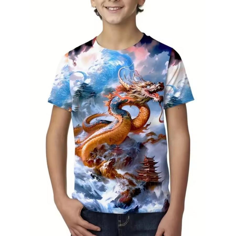 3D Digital Print Kids Stylish Lion Dragon Animal Pattern T-Shirt Boys Short Sleeve Crew Neck Casual T-shirts