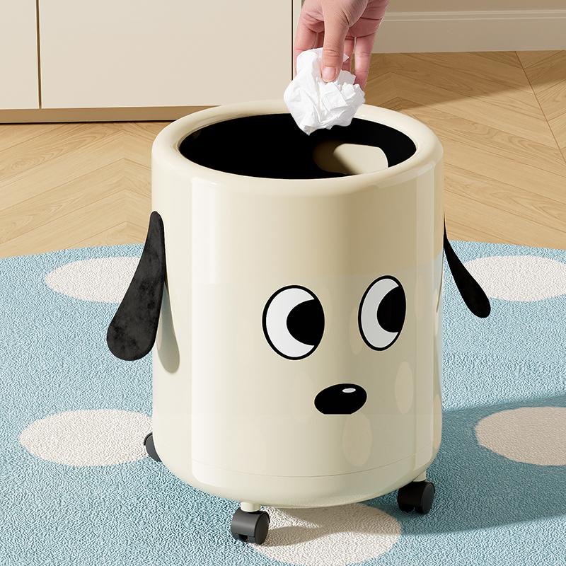 A trash can with wheels. Features a cute cartoon dog design. Practical and serves as a home decor item.