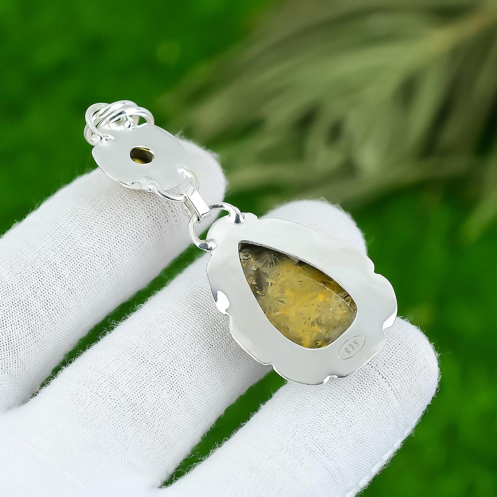 Natural Fossil Coral Gemstone Pendant Yellow 925 Sterling Silver Indian Jewelry