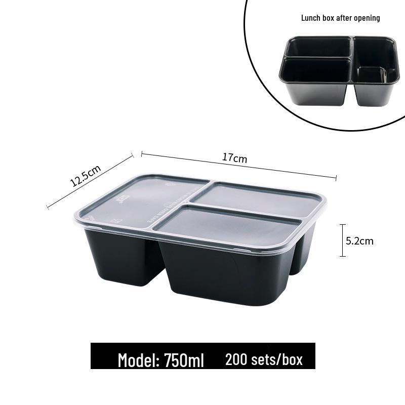 European & American Round Three-Compartment Disposable Lunch Box, Thickened Transparent Black Container for Takeaway Packaging